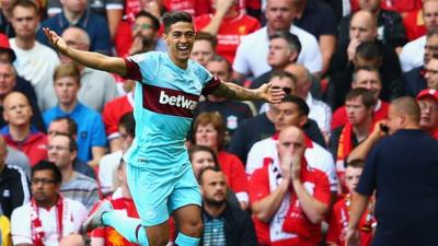 Manuel Lanzini celebrates scoring West Ham's first goal against Liverpool in the Premier League