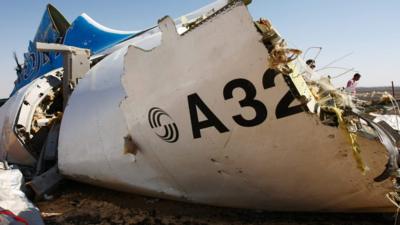 A piece of wreckage from Russian MetroJet Airbus A321 at the crash site in Sinai, Egypt