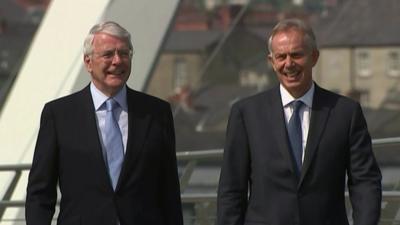 John Major and Tony Blair on The Peace Bridge in Londonderry