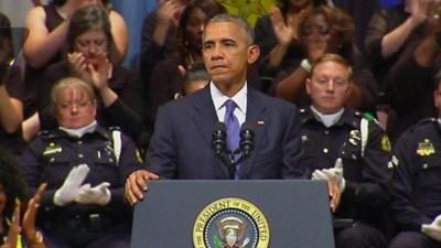 President Obama has paid tribute to the five policemen killed by a sniper during a protest against police violence in Dallas last week.