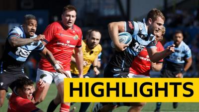 Max Llewellyn of Cardiff Rugby scores a try against Munster.