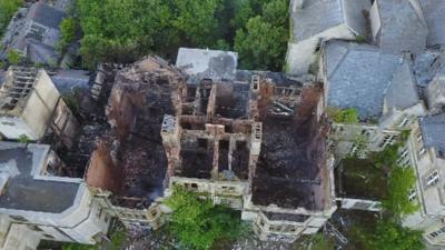 Aerial images of fire-ravaged North Wales Hospital, Denbighshire.