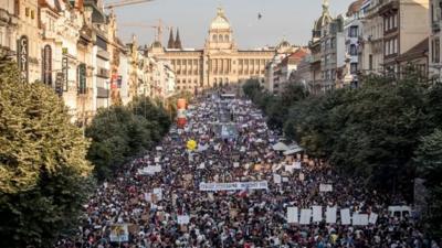 Thousands of demonstrators gather in Prague