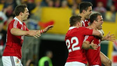 British Lions players celebrate