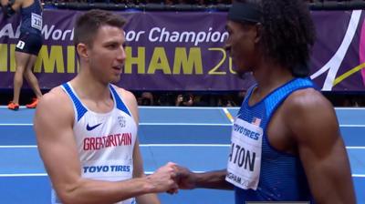 GB's Andrew Pozzi and USA Jarret Eaton shake hands