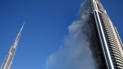 Flames engulf the Address Downtown hotel in Dubai