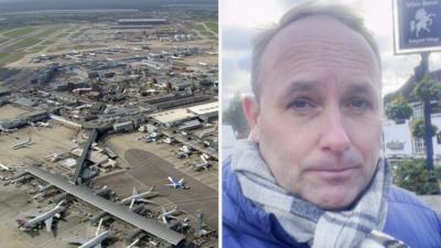 Aerial footage of London Heathrow Airport on the left of the screen. BBC reporter on the right of the screen.