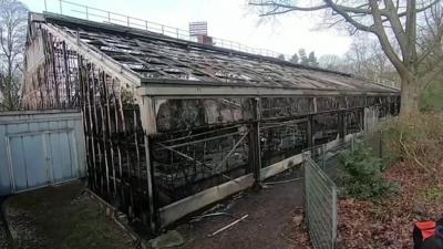 The burnt out monkey enclosure at Krefeld Zoo