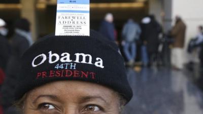 A supporter is shown with her ticket to President Barack Obamas final scheduled speech