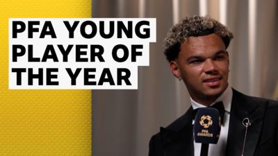 Manchester City's Nico O'Reilly being interviewed after winning PFA young  player of the year