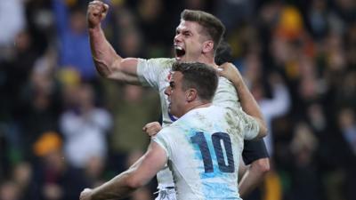 Owen Farrell and George Ford celebrate Farrell's decisive try