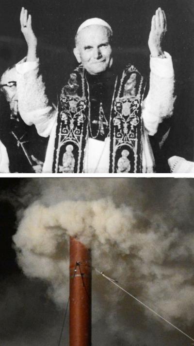 A composite image showing a smoking chimney on the left and a man with raised hands on the right.
