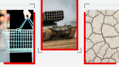 shopping basket, artillery and dry cracked ground