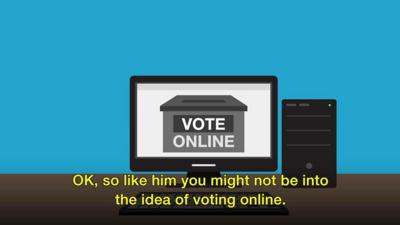 An animation of a computer shows the message 'vote online'