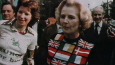 Margaret Thatcher, campaigning as Conservative Party leader in 1975 in a Europe jumper