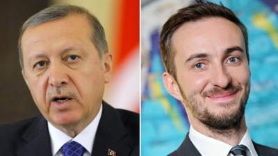 President Recep Tayyip Erdogan (L) and German comic Jan Boehmermann (R)