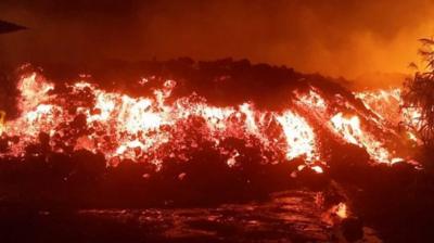 Night shot of molten lava