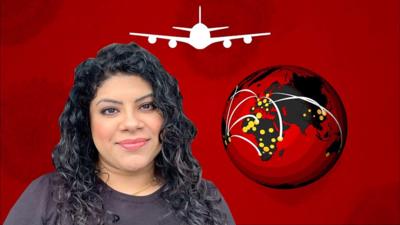 Raj Kaur Bilkhu in front of a graphic of a plane and globe