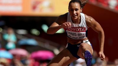 Jessica Ennis-Hill competes in the hurdles