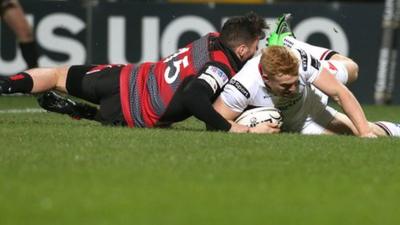 Rory Scholes scores Ulster's second try in the corner against Edinburgh on Friday night