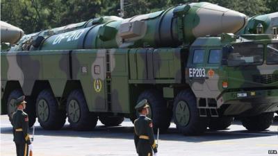 DF-21D anti-ship ballistic missile launchers move through Tiananmen Square during China's WW2 anniversary military parade