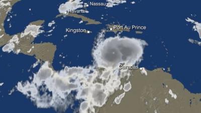 BBC Weather map showing the satellite picture of Hurricane Matthew in the Caribbean.