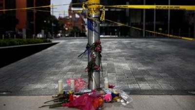 A makeshift memorial is seen near the crime scene two days after five police officers were killed in Dallas, Texas, U.S., July 9, 2016