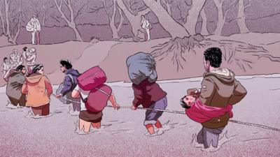 Screengrab of Syrian refugee video game. People crossing a river.