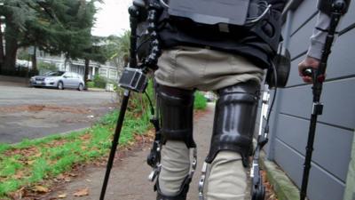 Wheelchair user Steven Sanchez uses Suit X, an exoskeleton suit to walk