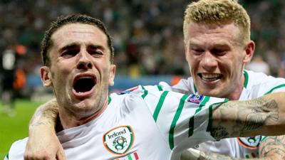 Robbie Brady celebrates his goal with James McClean