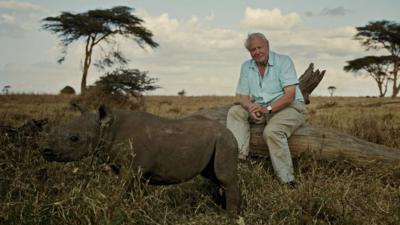 Sir David Attenborough with a rhino