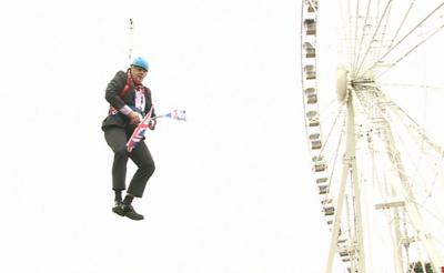 Boris Johnson hanging from zipwire