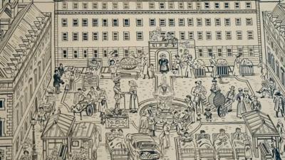 Illustration showing people from various historical periods moving around outside St Barts.