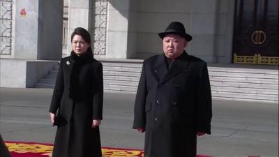 Ri Sol-ju and Kim Jong-un at North Korea's military parade