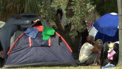 People in tents on Lesbos, Greece