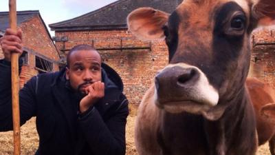 Newsbeat reporter Nesta McGregor poses with a cow