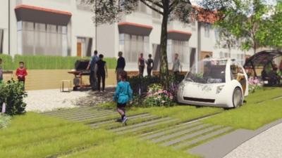 CGI of suburban street of the future by architect firm HTA