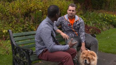 Christian Malcolm with Aled Sion Davies and dog Benji