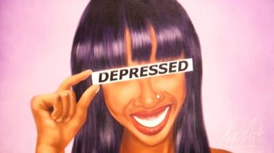 Painting of black woman holding depressed sign