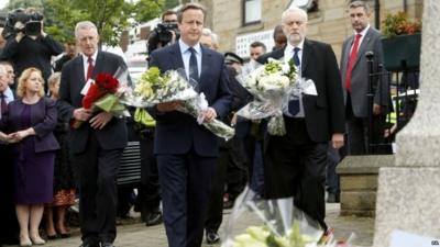 Prime Minister David Cameron and Labour Party leader Jeremy Corbyn lay flowers in Birstall, West Yorkshire, after Labour MP Jo Cox was killed