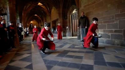 Pancake day race at Worcester Cathedral