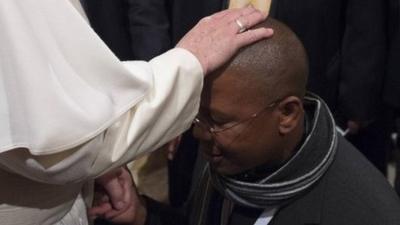 Pope Francis blesses a priest during a special audience with the missionaries of mercy, in the Vatican, 9 Feb 2016