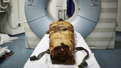 The mummified remains of Nesyamun being scanned in a hospital in Leeds