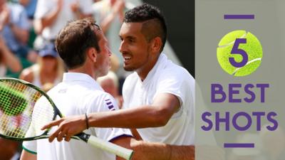 Watch the best of the action as the 15th seed Nick Kyrgios beats Radek Stapanek 6-4 6-3 6-7 (9-11) 6-1 in the opening round at Wimbledon.