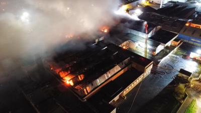 An aerial view of the fire at the former Fleming Poultry factory