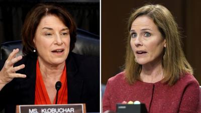 Composite image of Senator Amy Klobuchar and Judge Amy Coney Barrett