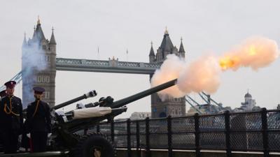 Members of the Honourable Artillery Company fire a Gun Royal Salute at the Tower of London