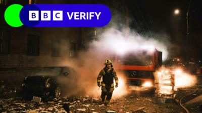 Firefighters continue to extinguish the fire on the fifth floor of a residential building following the Russian Shahed drone attack on Kharkiv, Ukraine on March 02, 2025