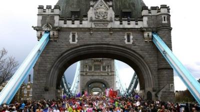 Marathon runners on Tower Bridge