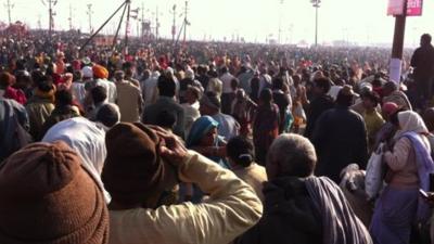 Crowds gathering on the most auspicious day of bathing at India's Kumbh Mela pilgrimage.